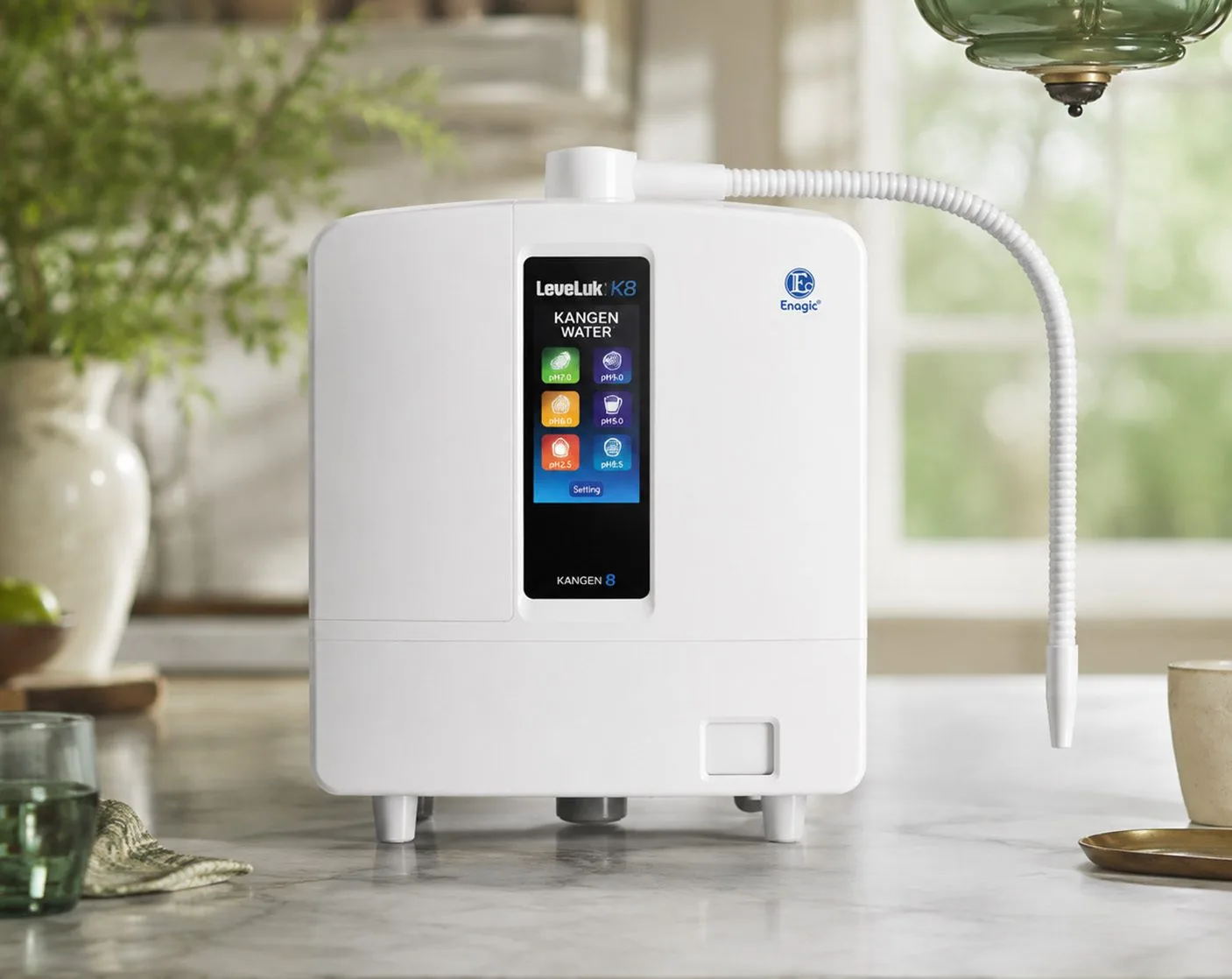 The Kangen K8 water ionizer on a kitchen countertop